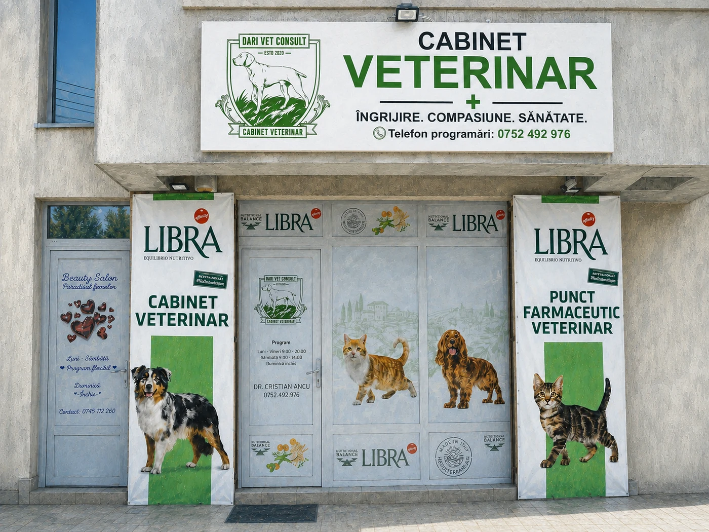 Reprezentare editorială a fațadei cabinetului Dari Vet Consult din Clinceni