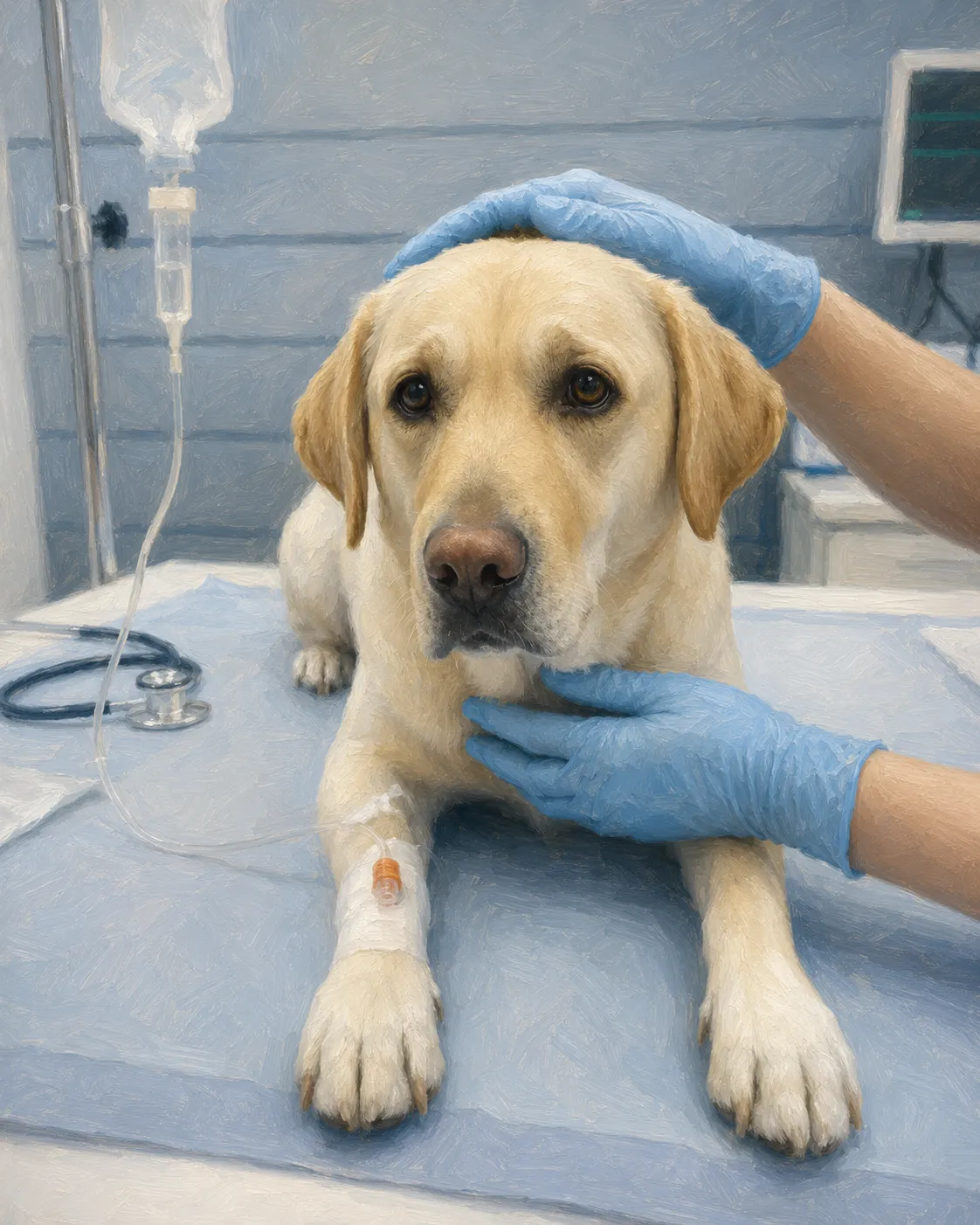 Câine galben pe o masă medicală, cu bandaj la o labă și mâini în mănuși albastre.