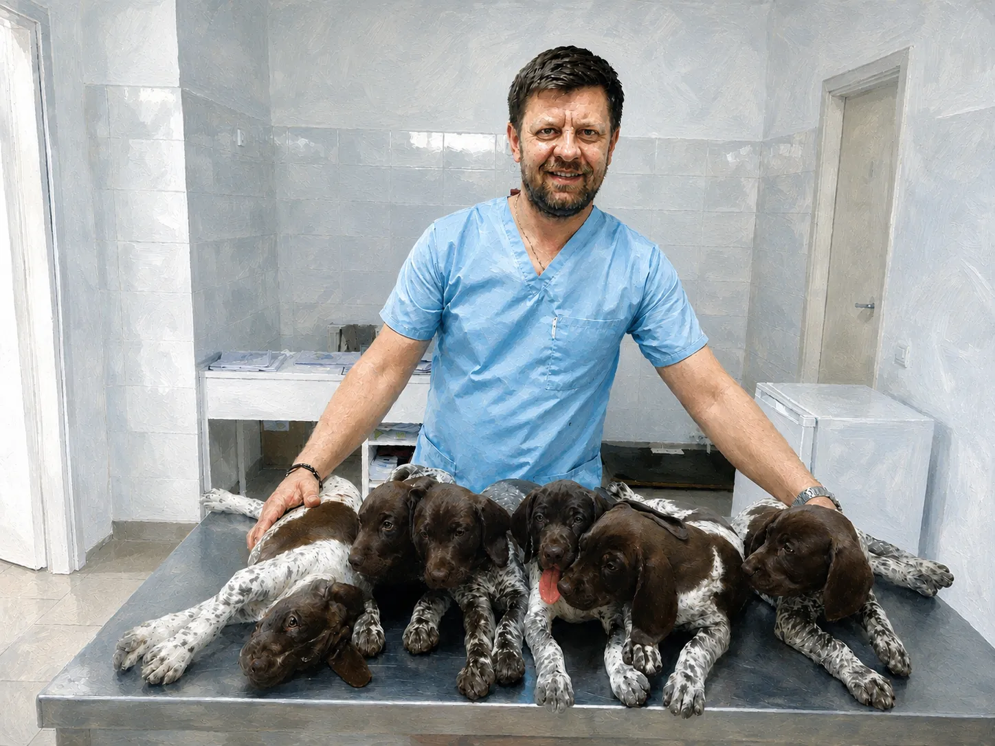Imagine în stil pictural cu un medic veterinar și pui de câine în cabinet