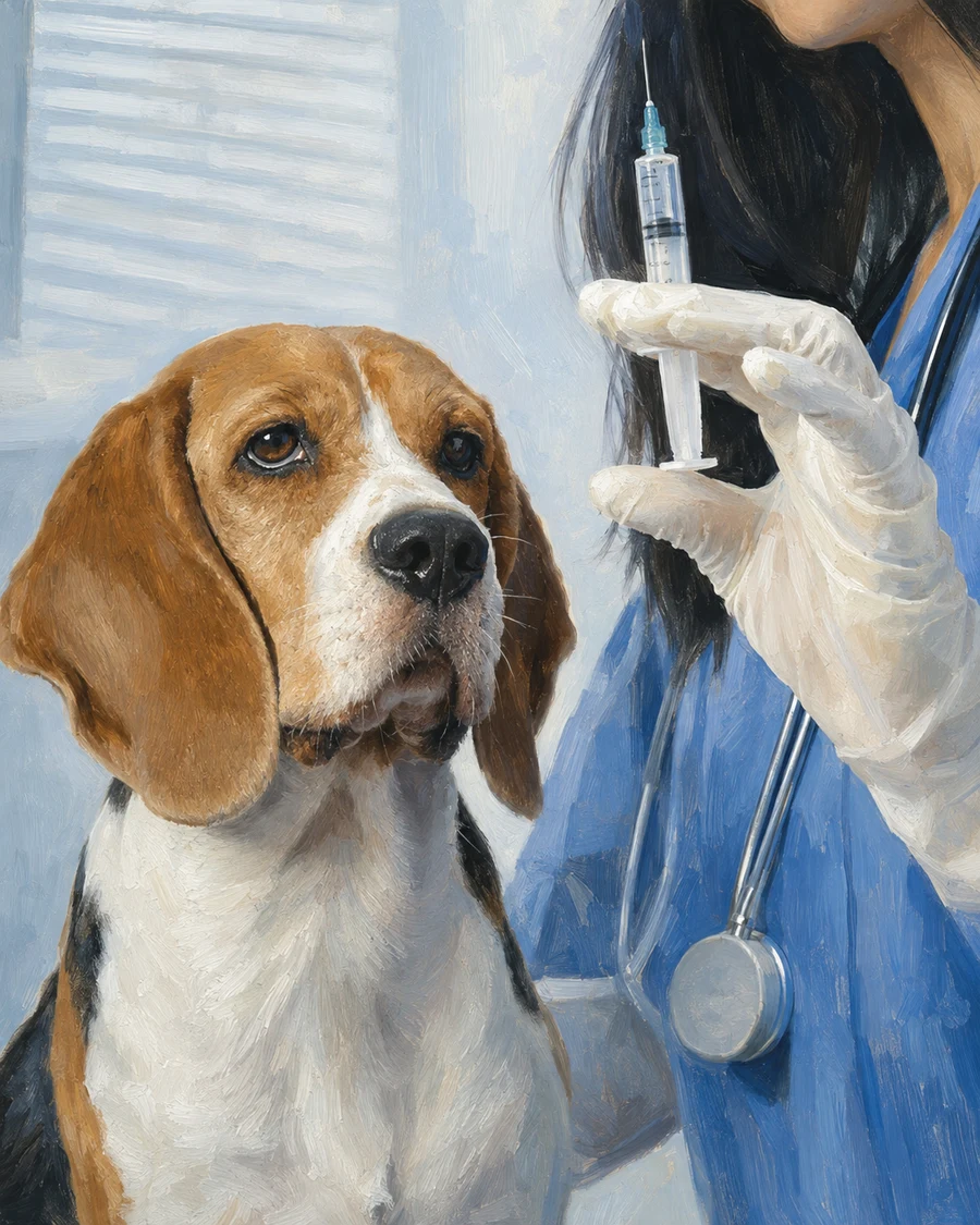 Ilustrație editorială cu un câine și un medic veterinar care ține o seringă