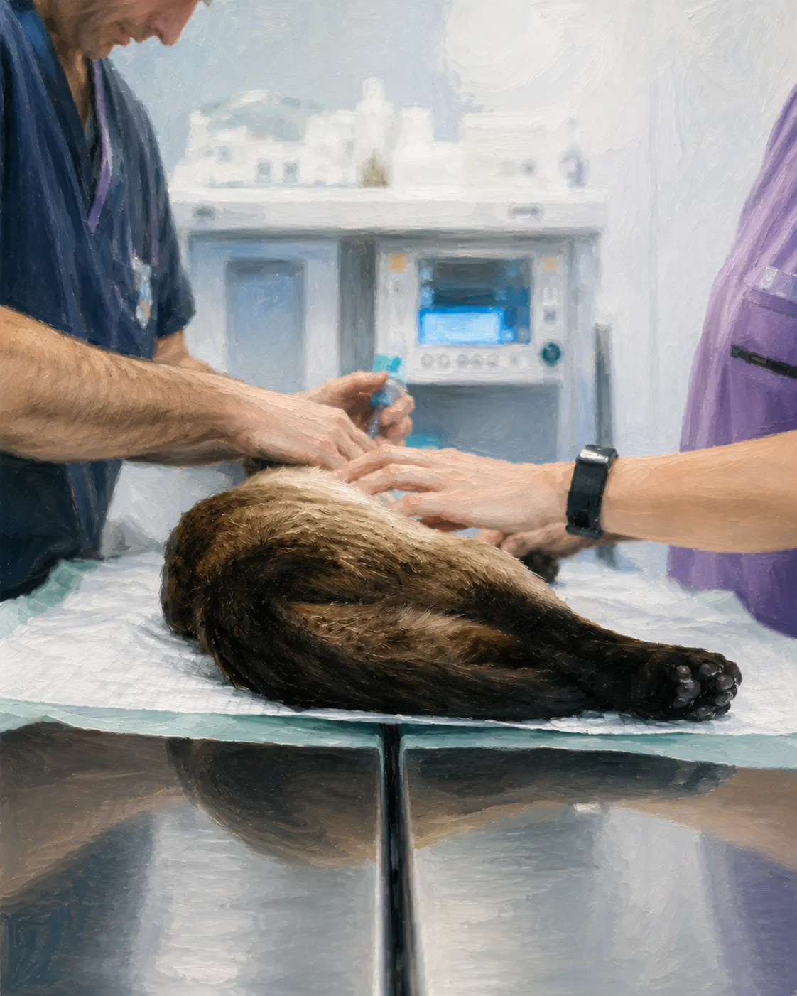 Ilustrație editorială cu un câine pregătit pentru o procedură veterinară