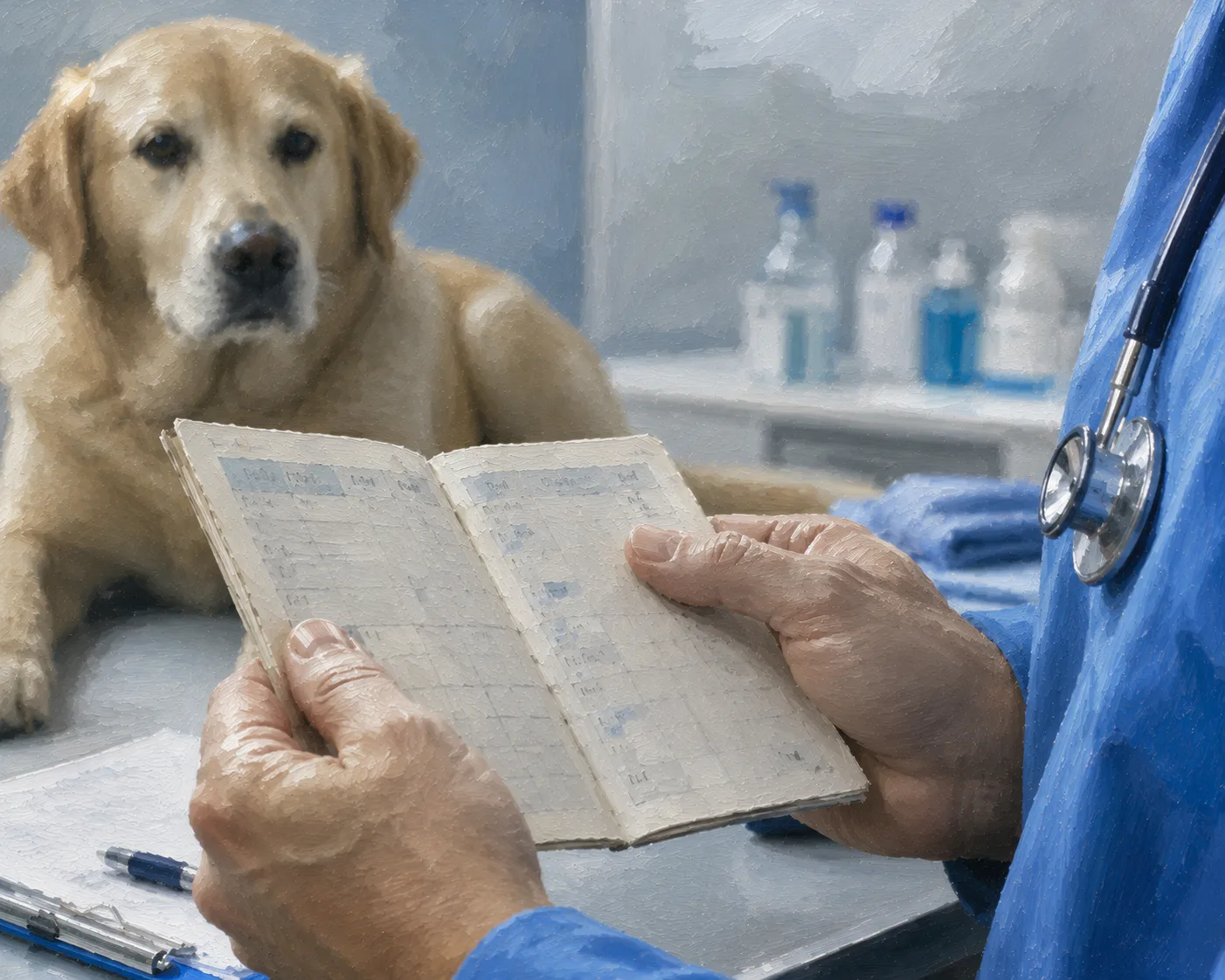 Medic veterinar verificând carnetul unui câine